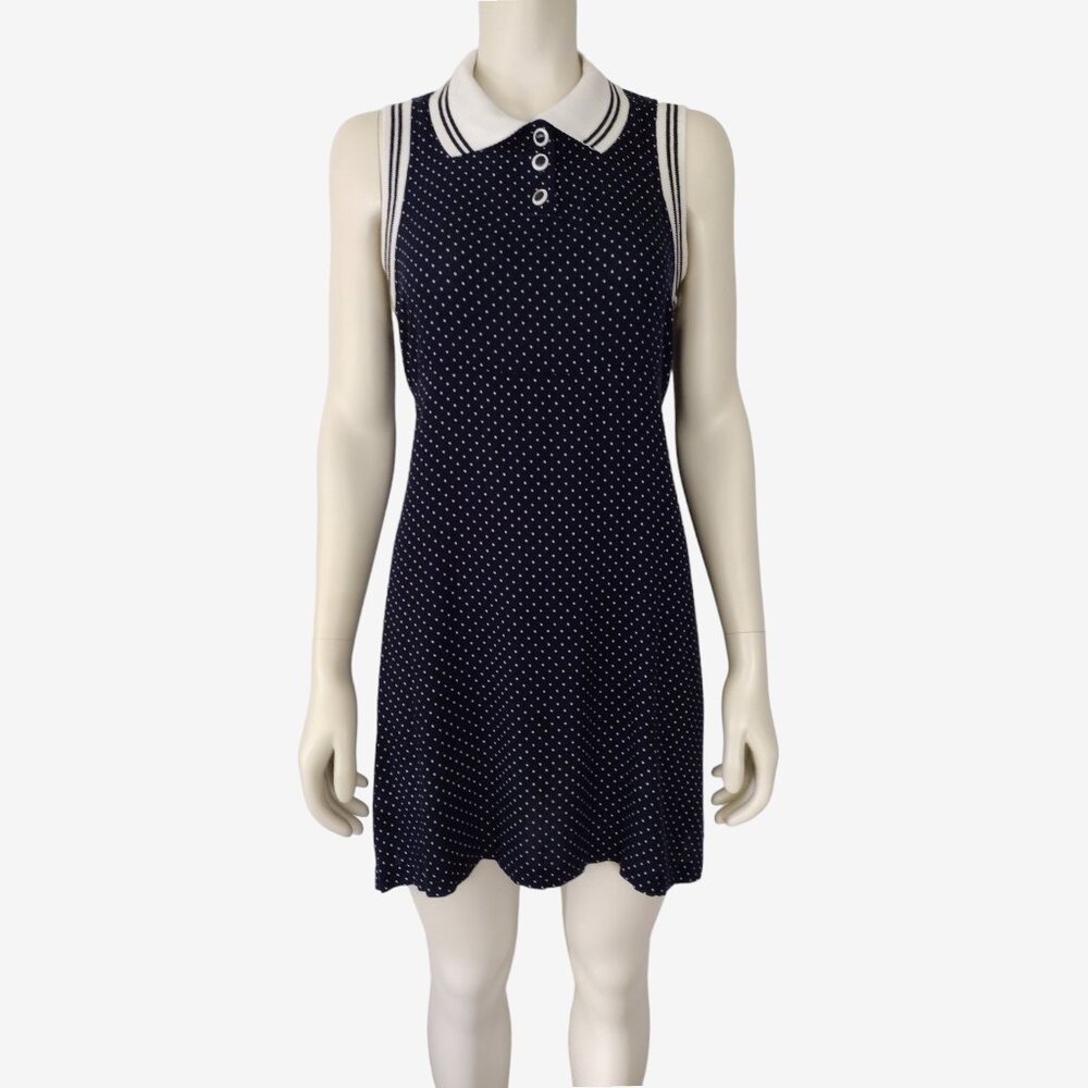 Vintage 1990s Navy Blue Swiss Dot Collared Sleeveless Empire Waist Dress